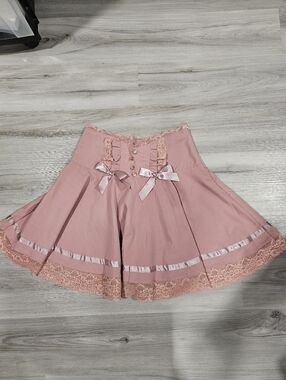ROMWE Pink Lace-Trim Circle Skirt with Satin Bows